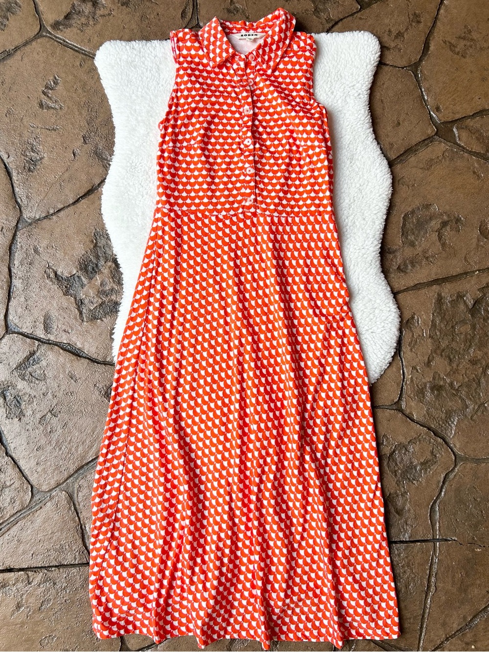 Boden Laura Sleeveless Orange Geometric Collared Midi Dress